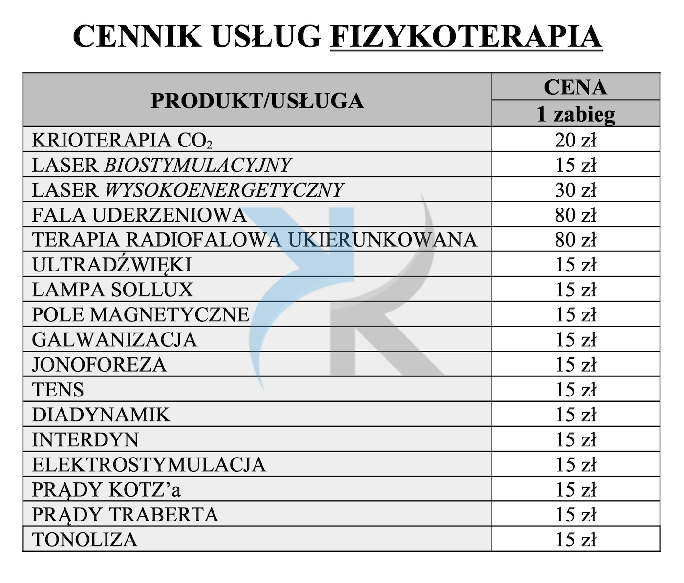 cennik usług fizykoterapii